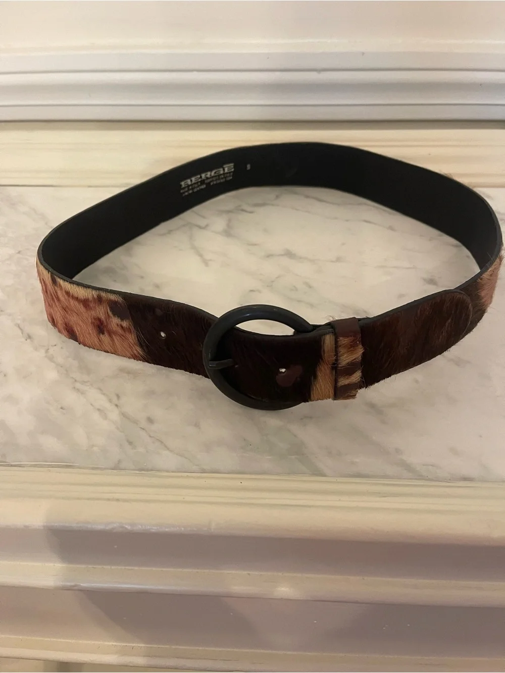 Genuine Calf Hair Circle Buckle Belt in Brown